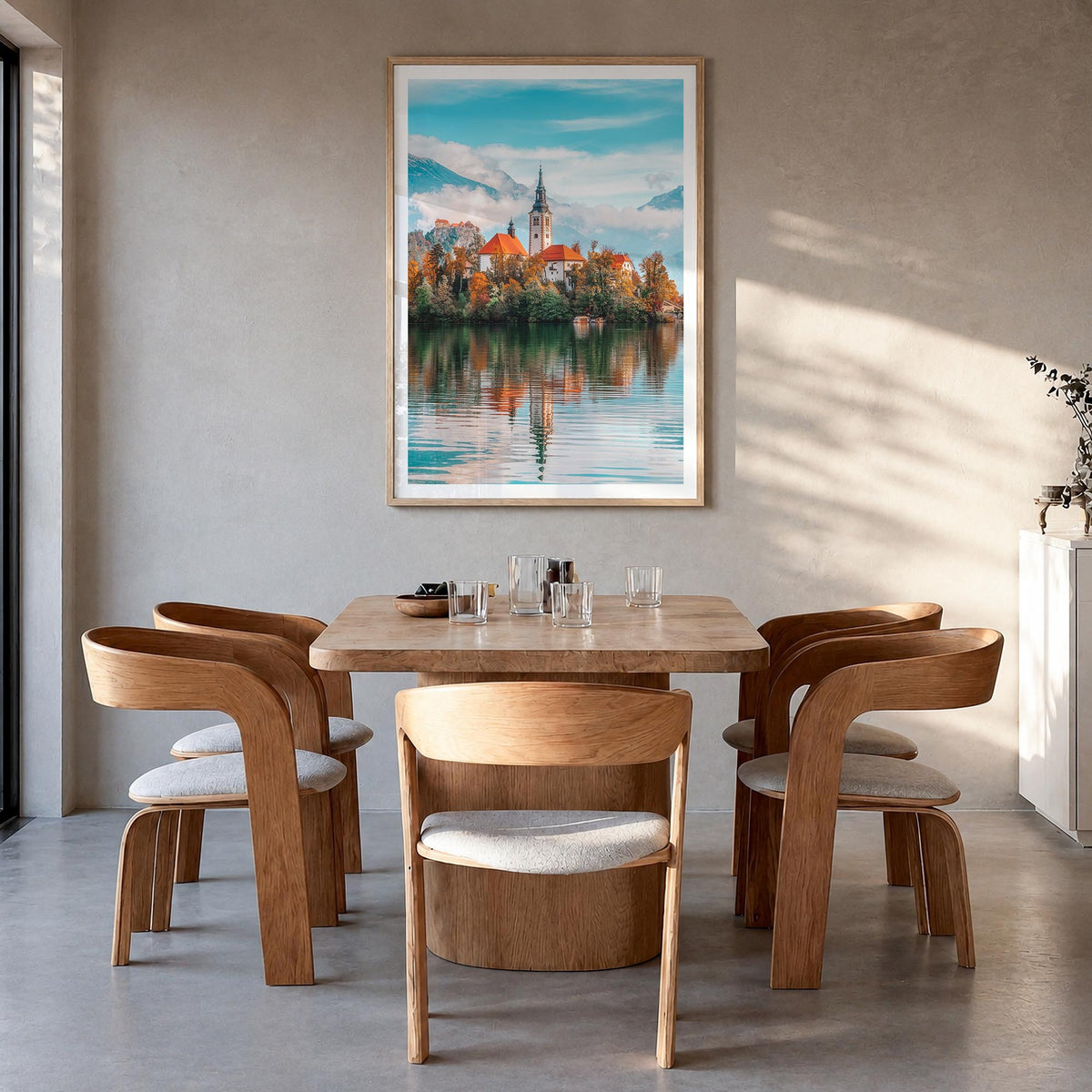 Slovenia colorful photo poster of Europe – vertical wall art in natural wood frame with white border, hanging on wall