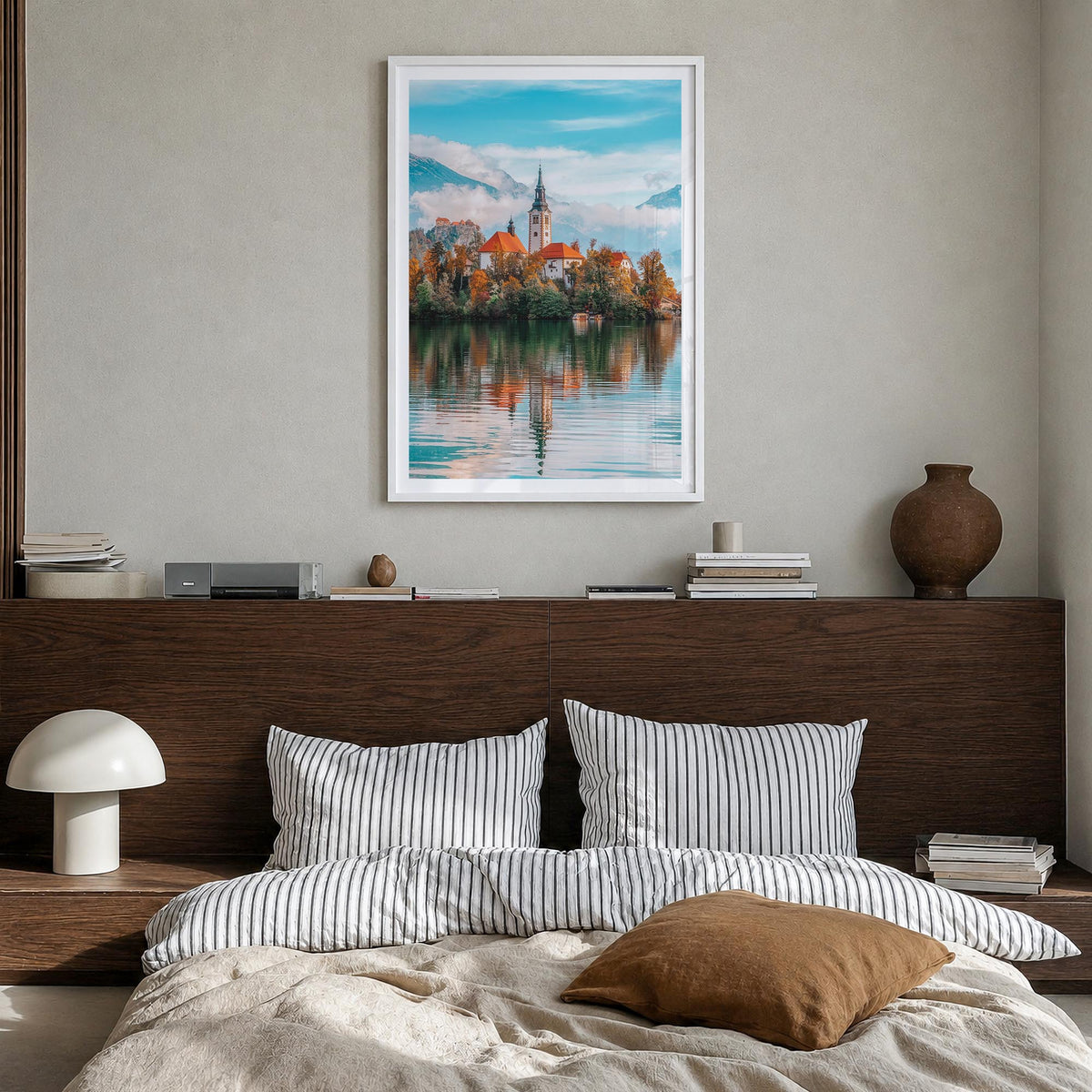 Slovenia colorful photo poster of Europe – vertical wall art in white wood frame with white border, hanging on wall