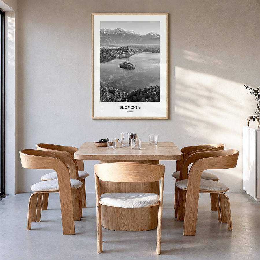 Slovenia Classic Poster in a natural wood frame, hanging in a dining room