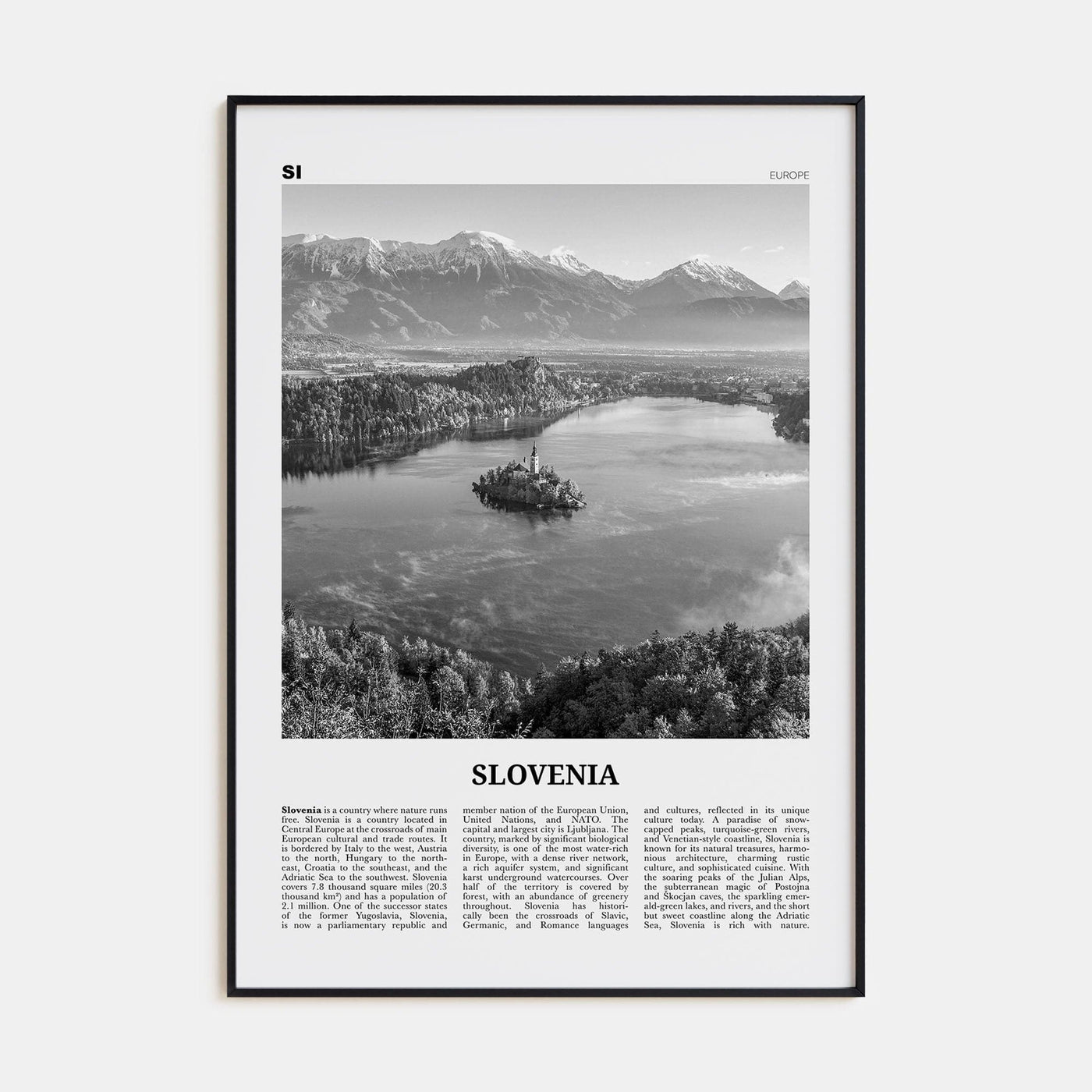 Slovenia Poster Black Metal / 8x12 in Nbourhood Travel B&W Poster