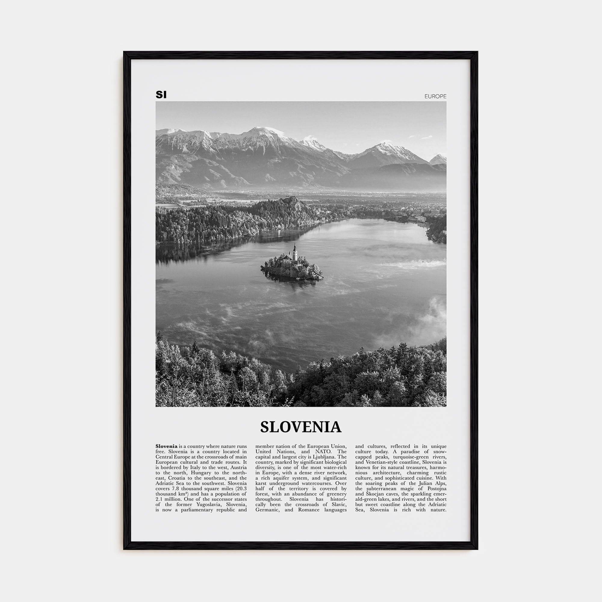 Slovenia Poster Black Wood / 8x12 in Nbourhood Travel B&W Poster