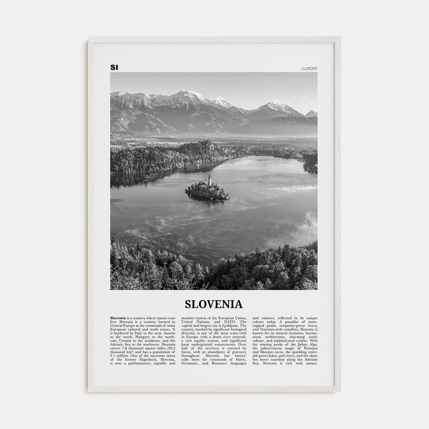 Slovenia Poster White Wood / 8x12 in Nbourhood Travel B&W Poster