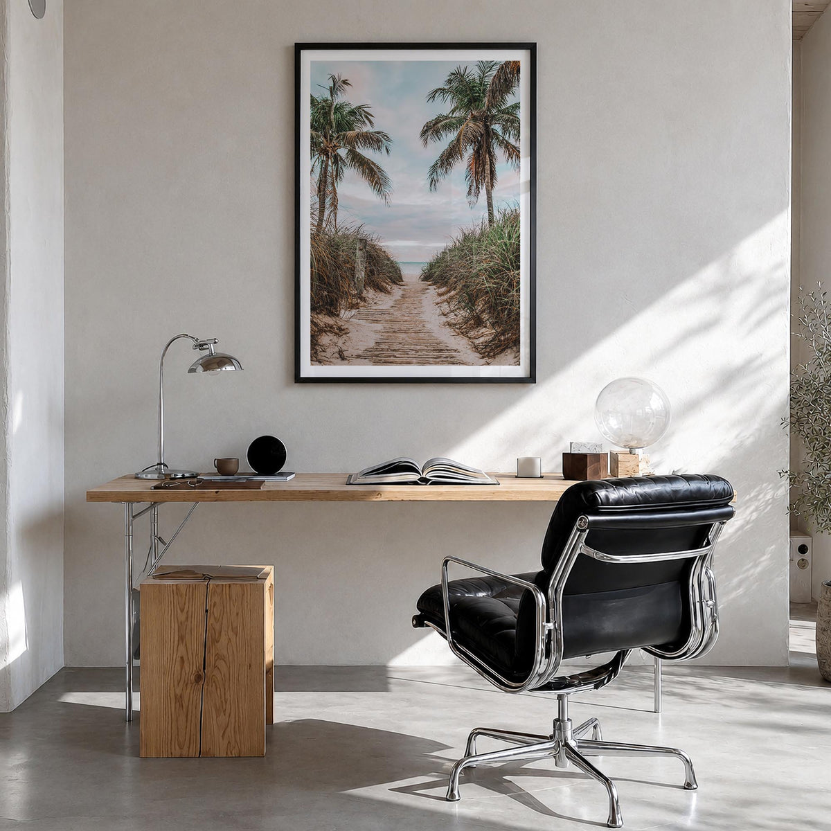 Smathers Beach colorful photo poster of Florida, USA – vertical wall art in black wood frame with white border, hanging on wa