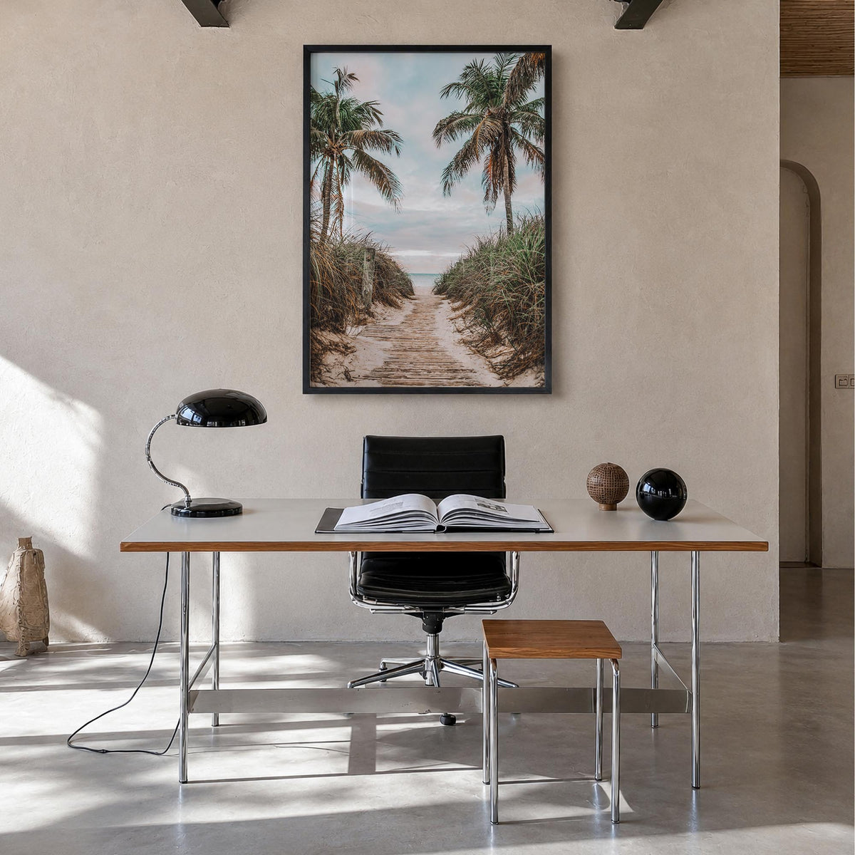 Smathers Beach colorful photo poster of Florida, USA – vertical wall art in black wood frame, hanging on wall