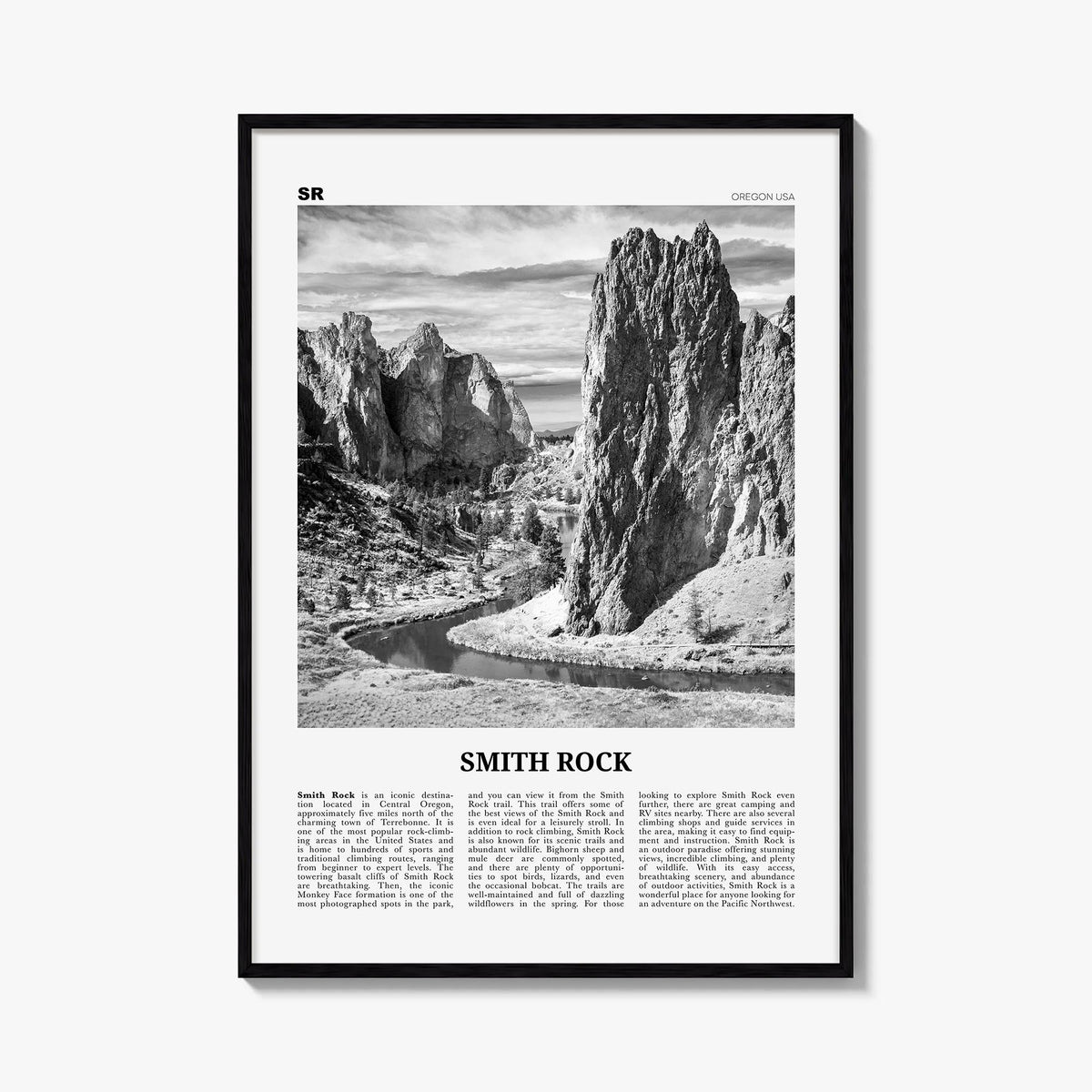 Smith Rock State Park black & white newspaper poster of Oregon, USA – vertical wall art, unframed print shown in interior moc