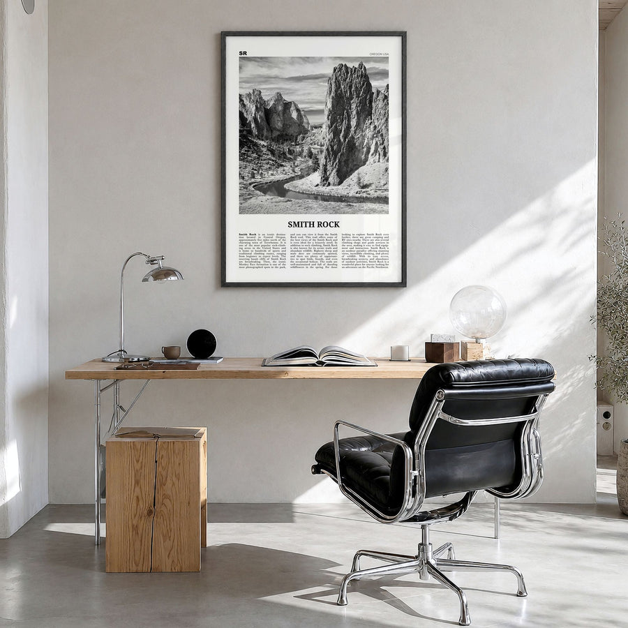 Smith Rock State Park Newspaper Poster in a black wood frame, hanging in a bright home office
