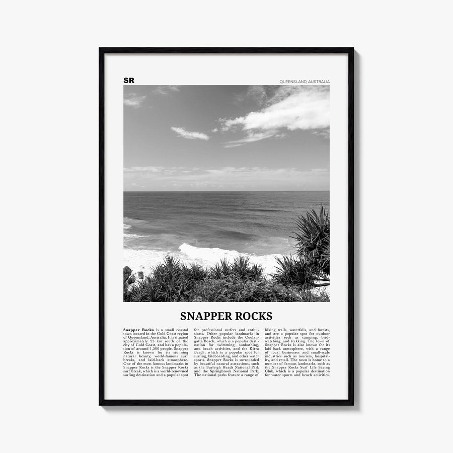 Snapper Rocks black & white newspaper poster of Australia – vertical wall art, unframed print shown in interior mockup
