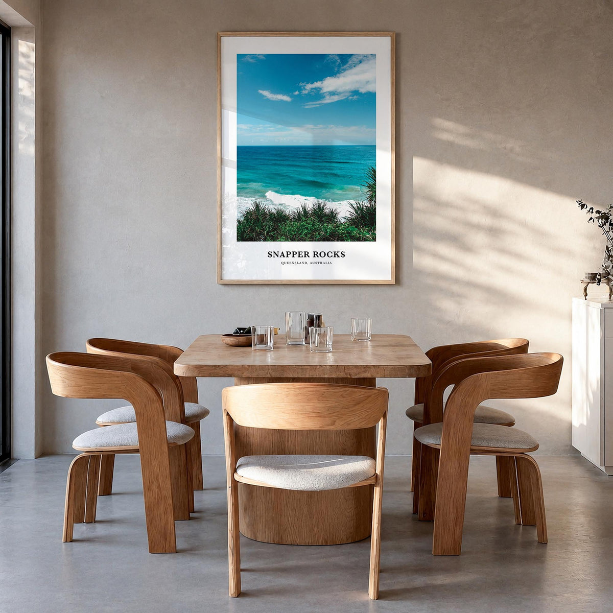 Snapper Rocks colorful classic poster of Australia – vertical wall art in natural wood frame, hanging on wall