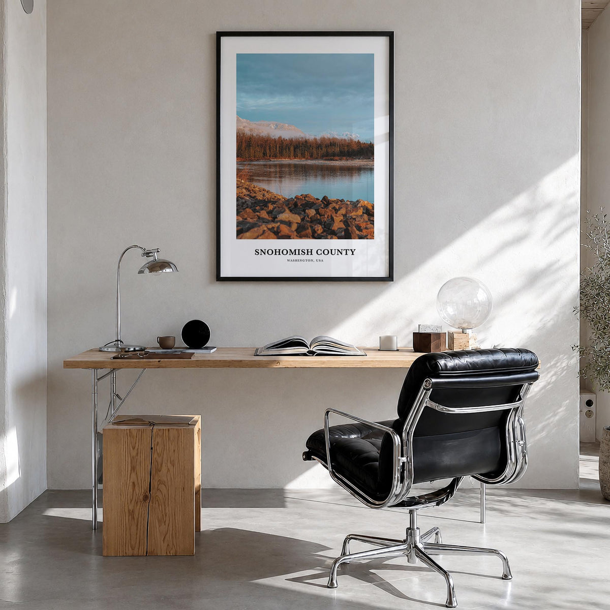 Snohomish County colorful classic poster of Washington, USA – vertical wall art in black wood frame, hanging on wall