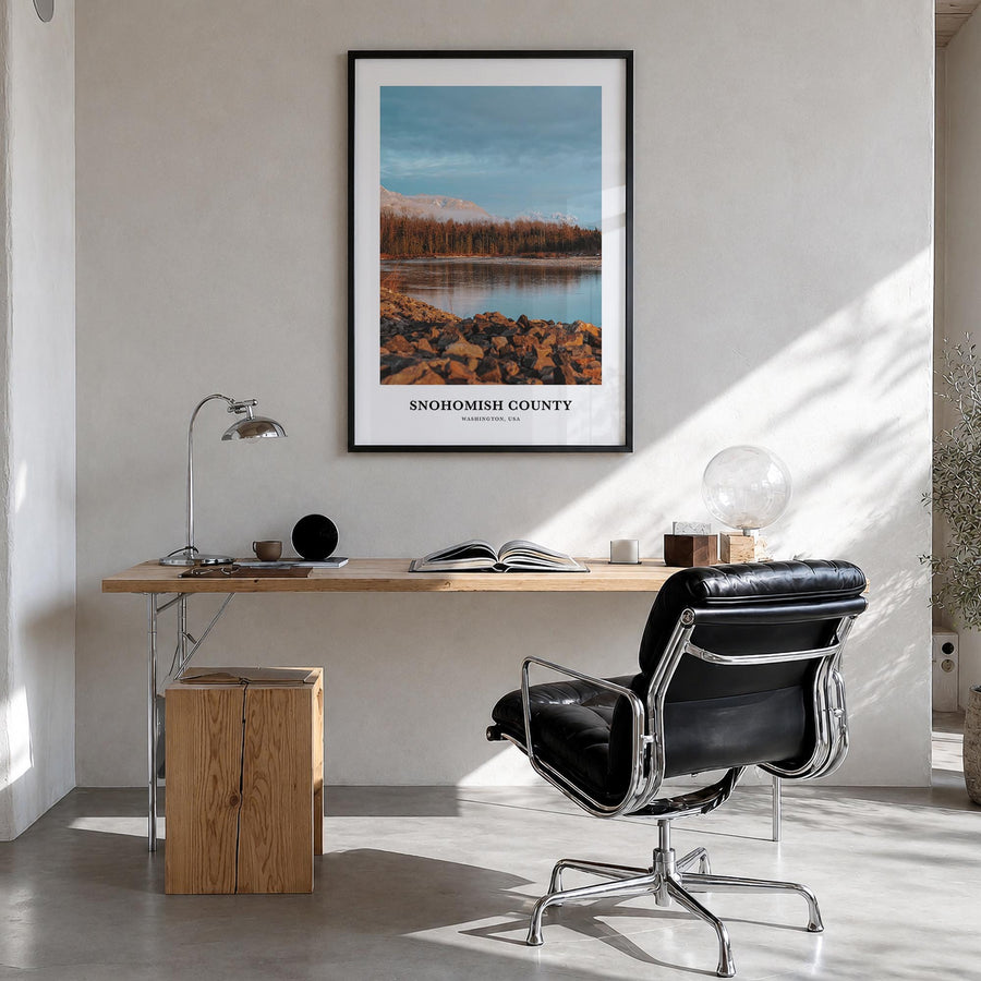 Snohomish County colorful classic poster of Washington, USA – vertical wall art in black wood frame, hanging on wall