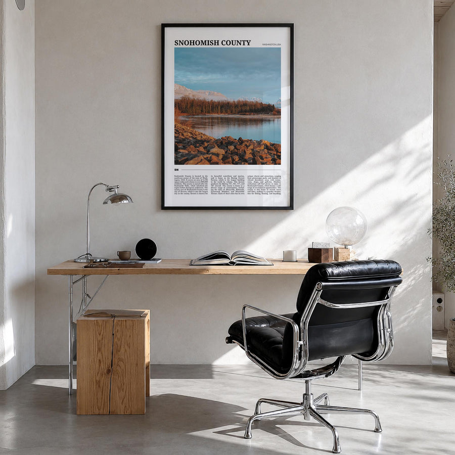 Snohomish County colorful travel poster of Washington, USA – vertical wall art in black wood frame, hanging on wall