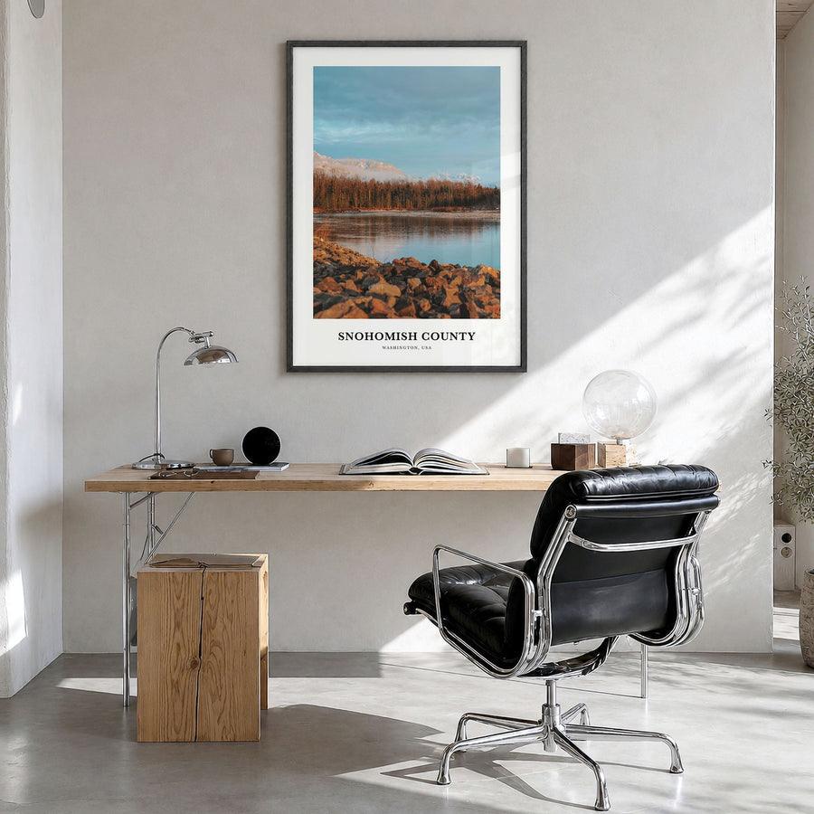 Snohomish County Classic Poster in a black wood frame, hanging in a bright home office