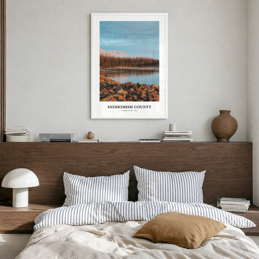 Snohomish County Classic Poster in a white wood frame, hanging in a bedroom