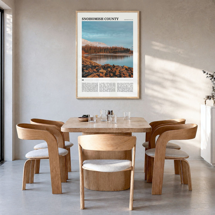 Snohomish County Travel Poster in a natural wood frame, hanging in a dining room