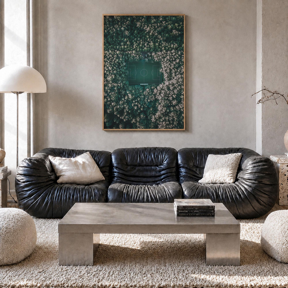 Soccer Field colorful photo poster – vertical wall art in natural wood frame, hanging on wall