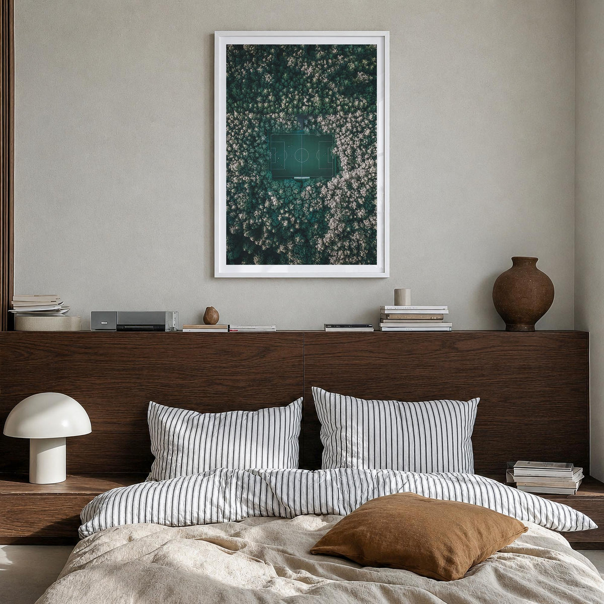 Soccer Field colorful photo poster – vertical wall art in white wood frame with white border, hanging on wall