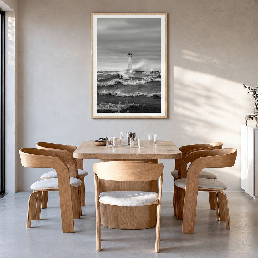 Sodus Point Photo Poster in a natural wood frame, hanging in a dining room, white border