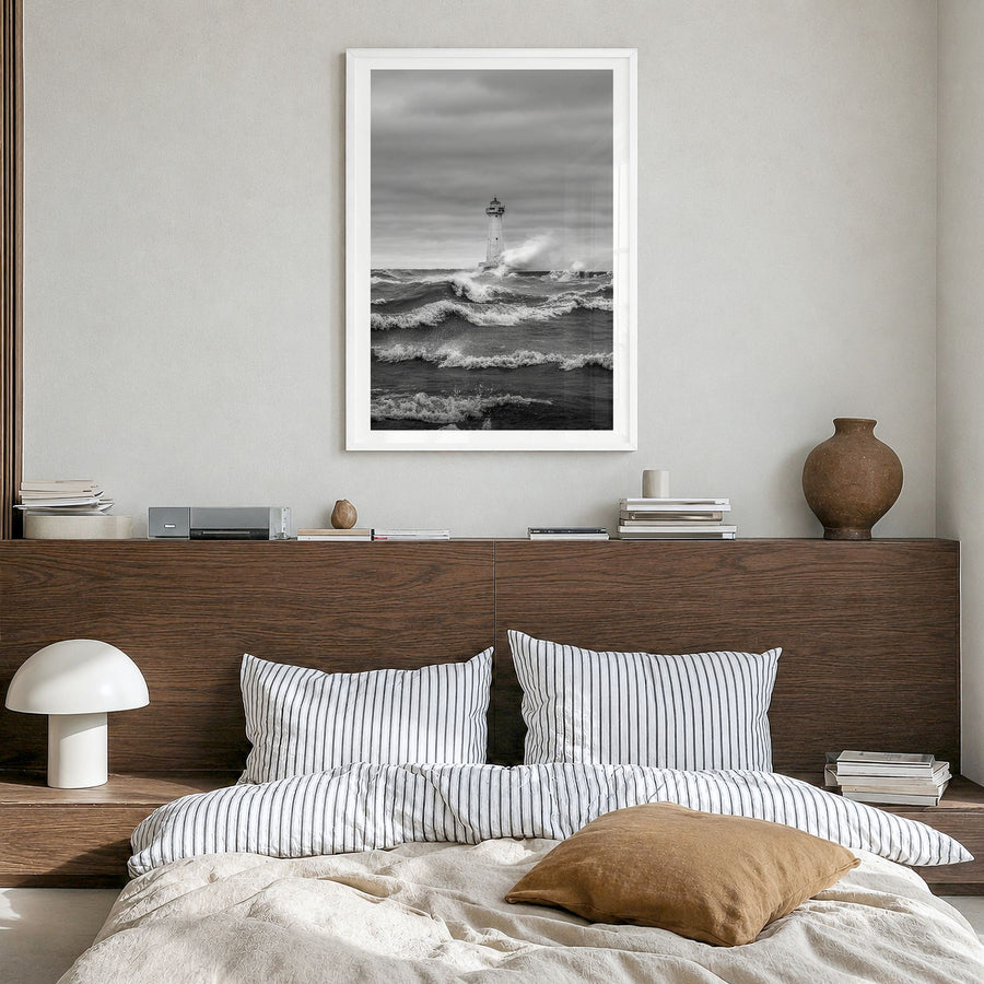 Sodus Point Photo Poster in a white wood frame, hanging in a bedroom, white border