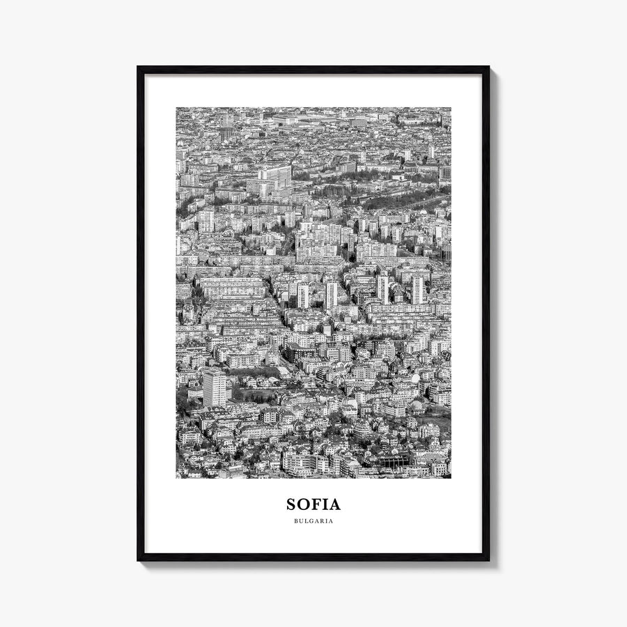 Sofia black & white classic poster of Bulgaria – vertical wall art, unframed print shown in interior mockup