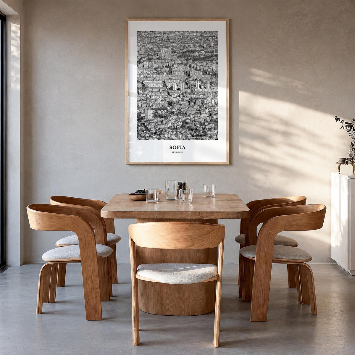 Sofia black & white classic poster of Bulgaria – vertical wall art in natural wood frame, hanging on wall