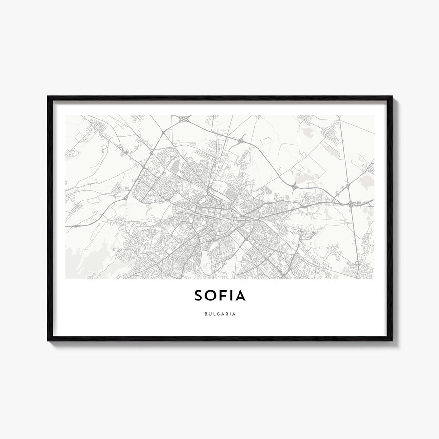 Sofia black & white map poster of Bulgaria – horizontal wall art, unframed print shown in interior mockup
