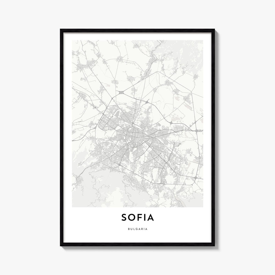 Sofia black & white map poster of Bulgaria – vertical wall art, unframed print shown in interior mockup