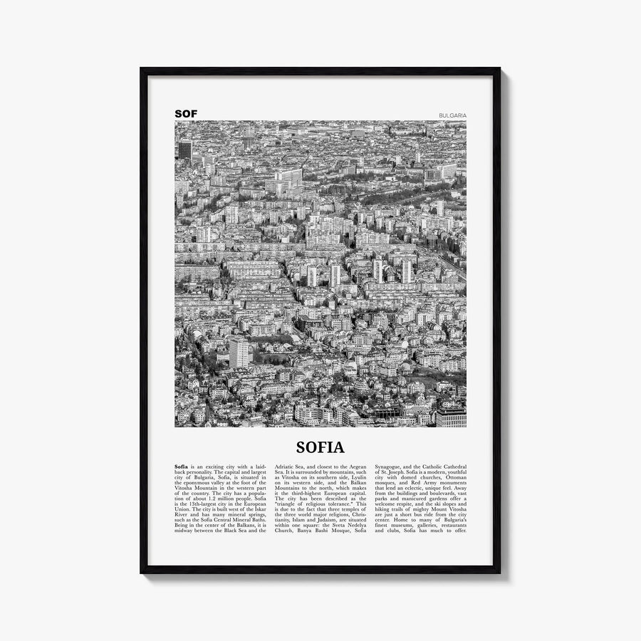 Sofia black & white newspaper poster of Bulgaria – vertical wall art, unframed print shown in interior mockup