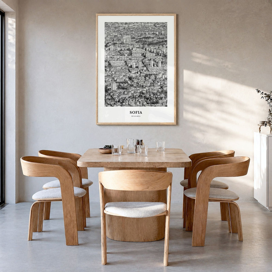 Sofia Classic Poster in a natural wood frame, hanging in a dining room