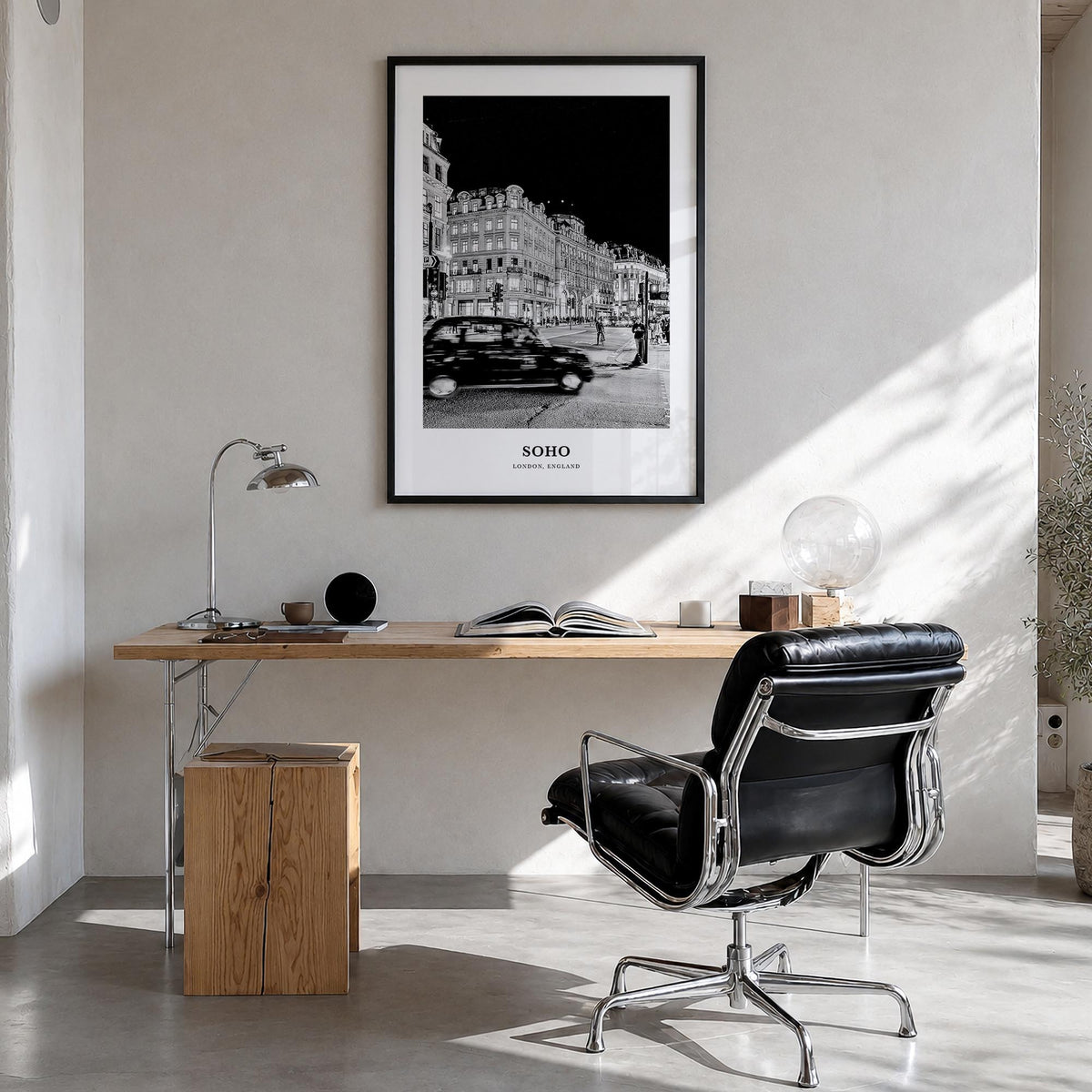 Soho no. 1 black & white classic poster of England, UK – vertical wall art in black wood frame, hanging on wall