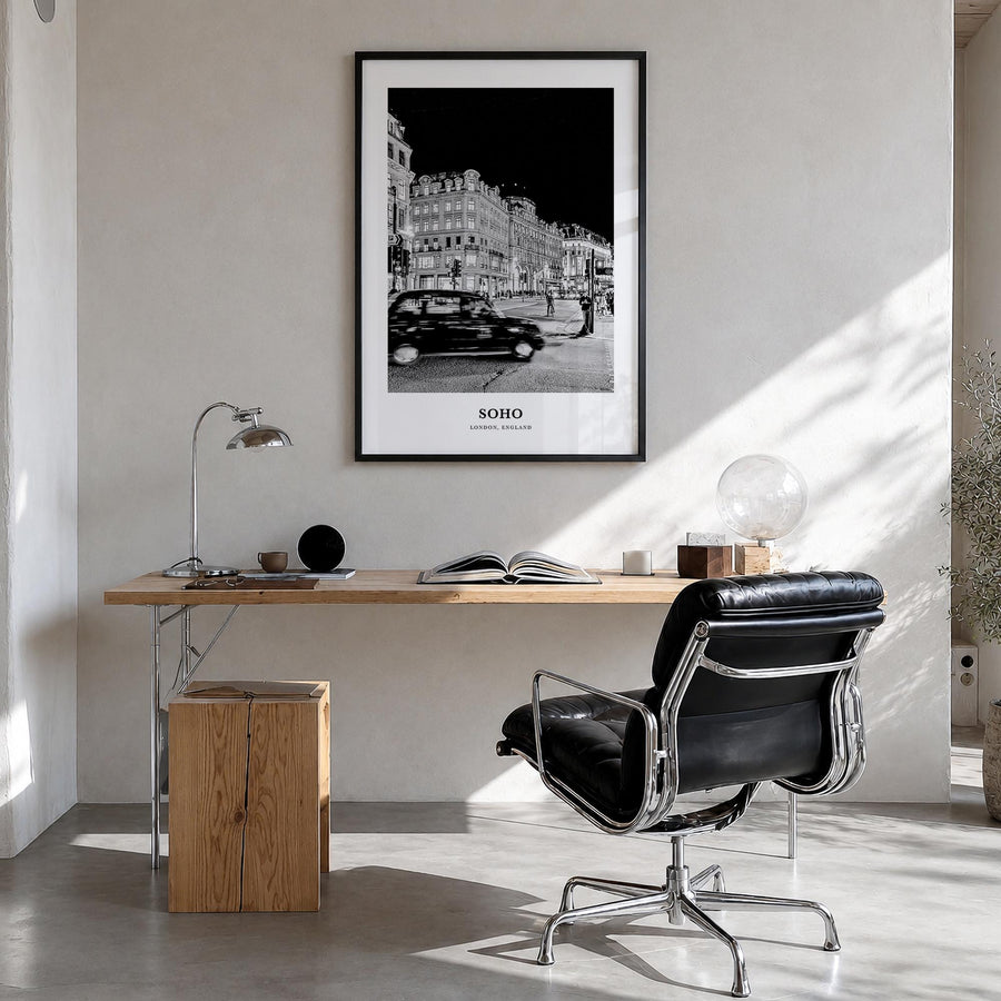 Soho no. 1 black & white classic poster of England, UK – vertical wall art in black wood frame, hanging on wall
