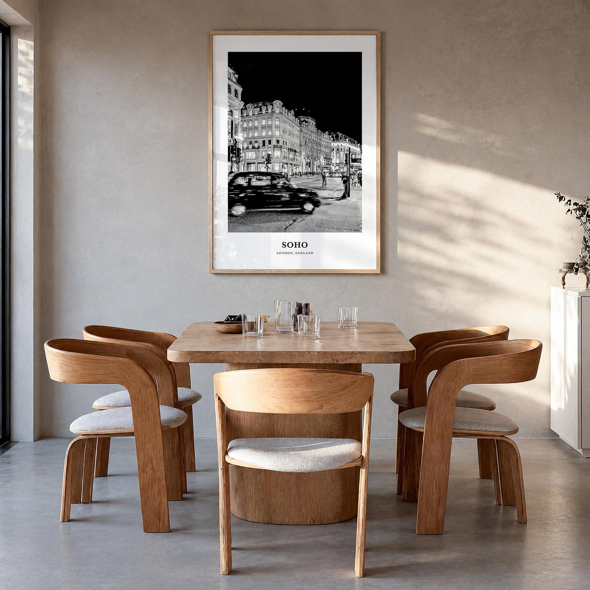 Soho no. 1 black & white classic poster of England, UK – vertical wall art in natural wood frame, hanging on wall