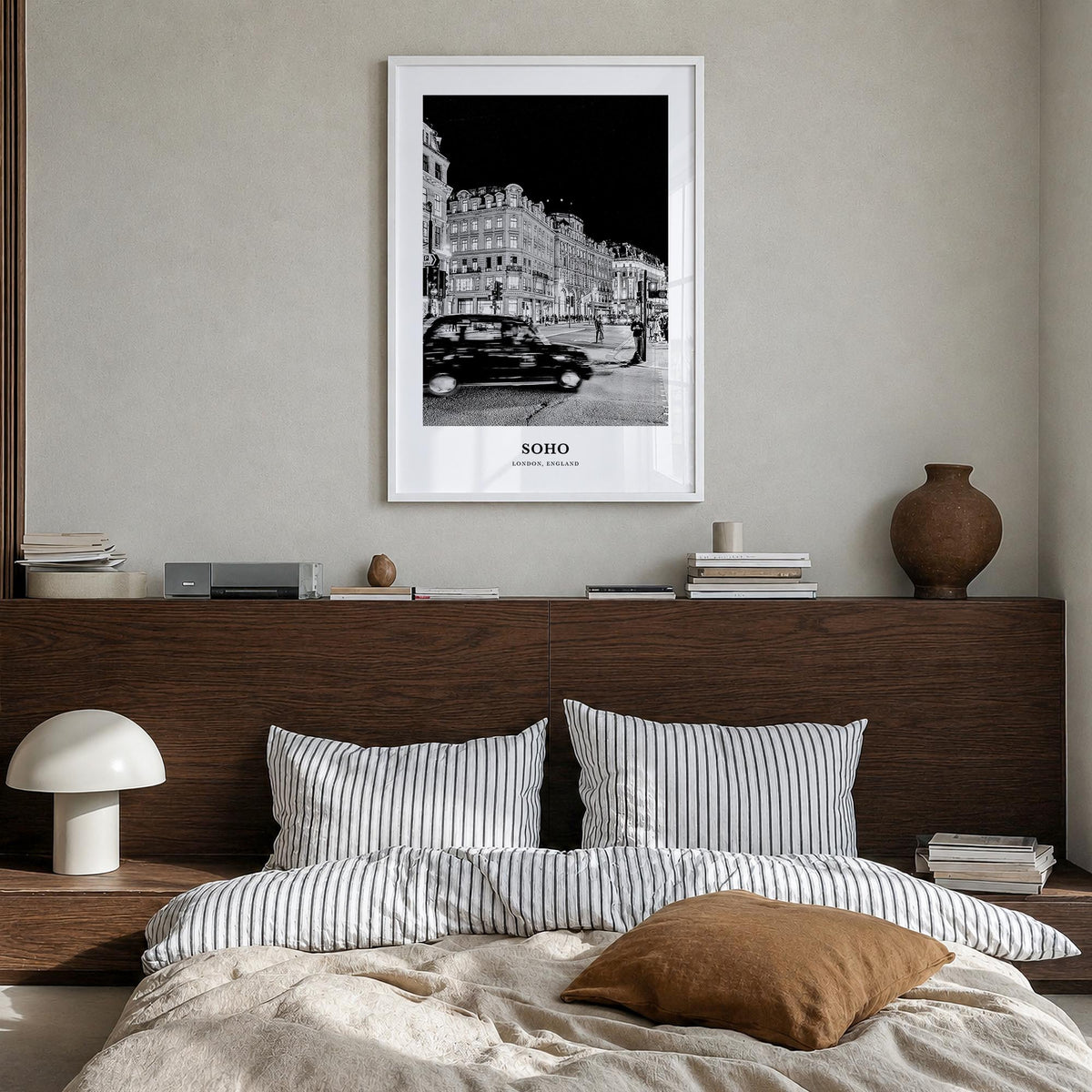 Soho no. 1 black & white classic poster of England, UK – vertical wall art in white wood frame, hanging on wall