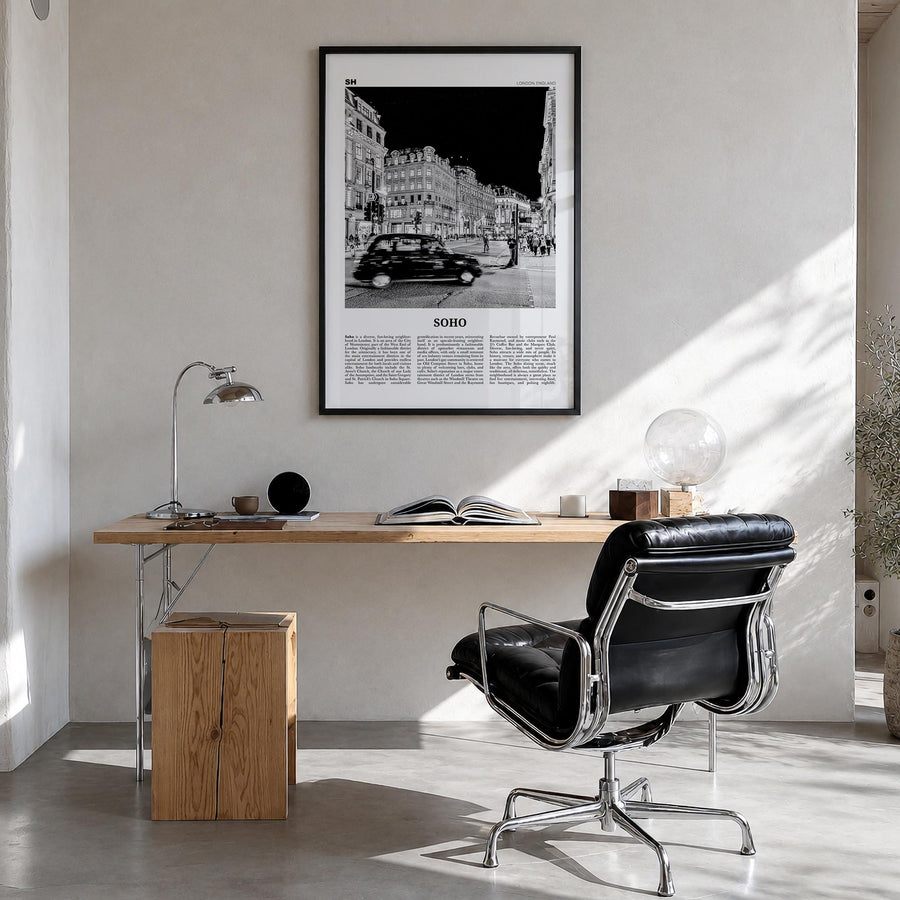 Soho no. 1 black & white newspaper poster of England, UK – vertical wall art in black wood frame, hanging on wall