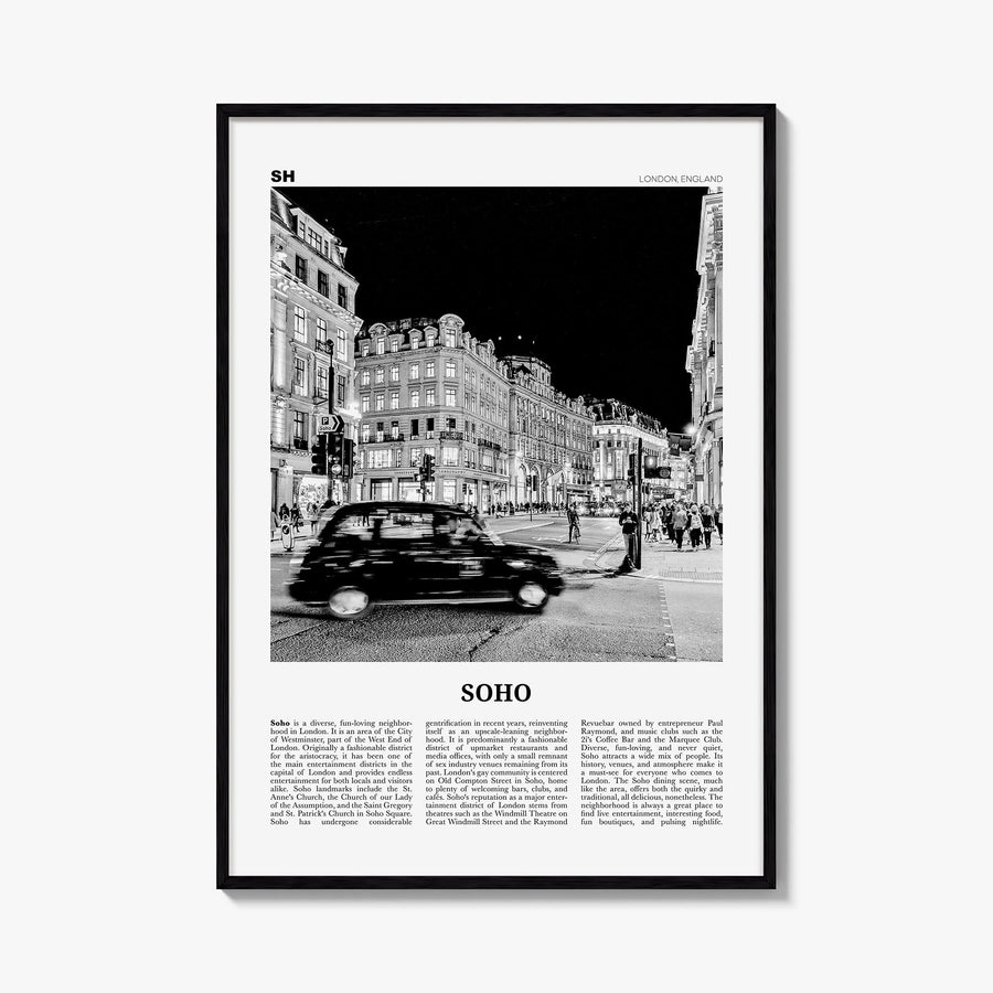 Soho no. 1 black & white newspaper poster of England, UK – vertical wall art, unframed print shown in interior mockup