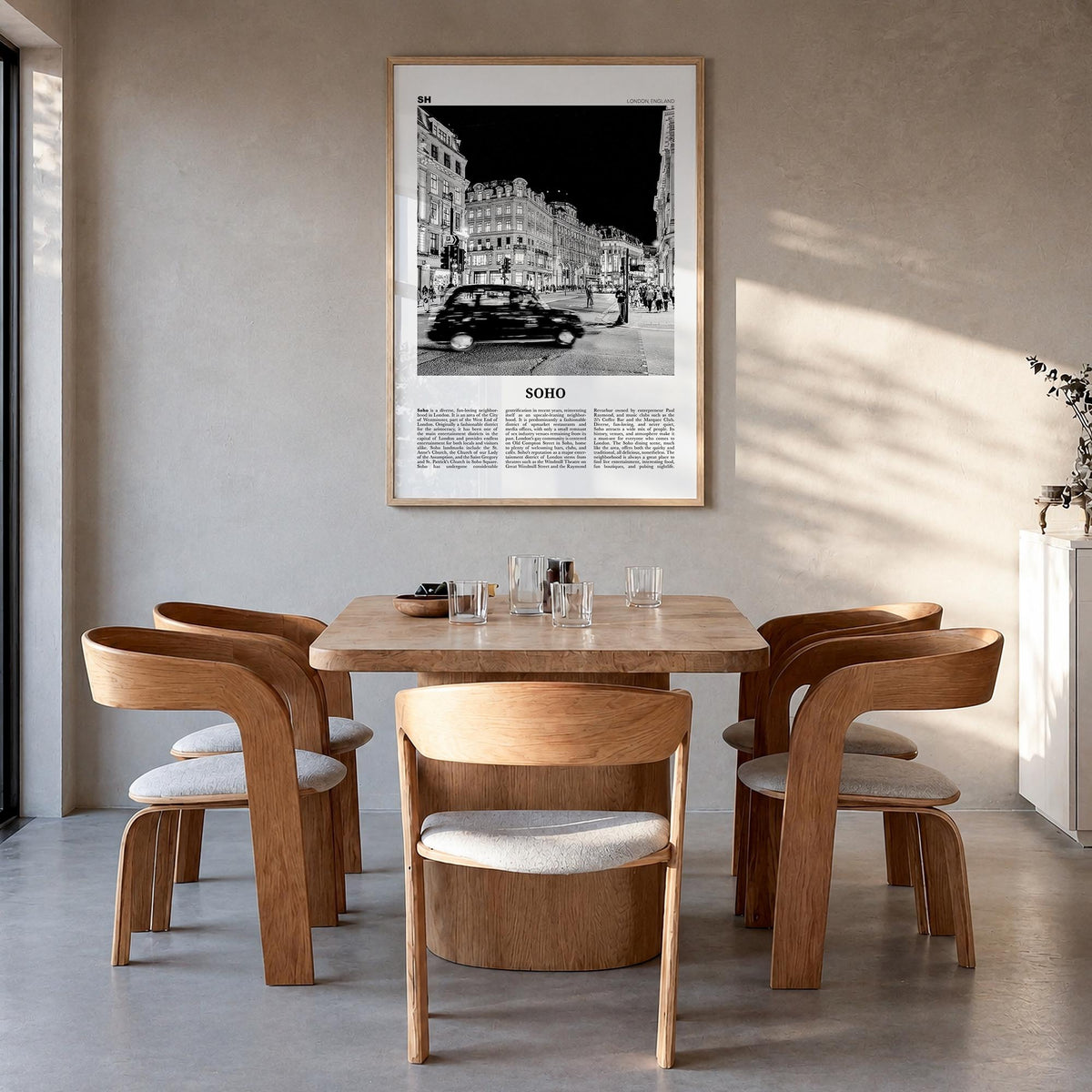 Soho no. 1 black & white newspaper poster of England, UK – vertical wall art in natural wood frame, hanging on wall