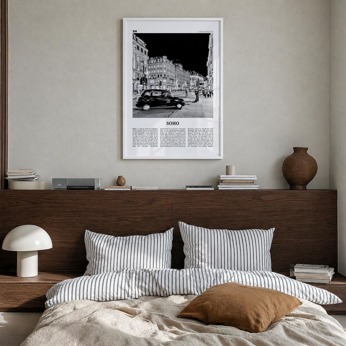 Soho no. 1 black & white newspaper poster of England, UK – vertical wall art in white wood frame, hanging on wall