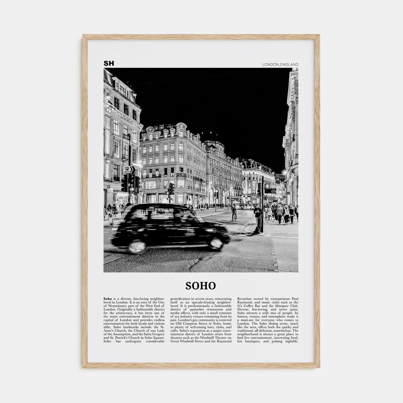 Soho, London No 1 Poster Natural Wood / 8x12 in Nbourhood Travel B&W Poster