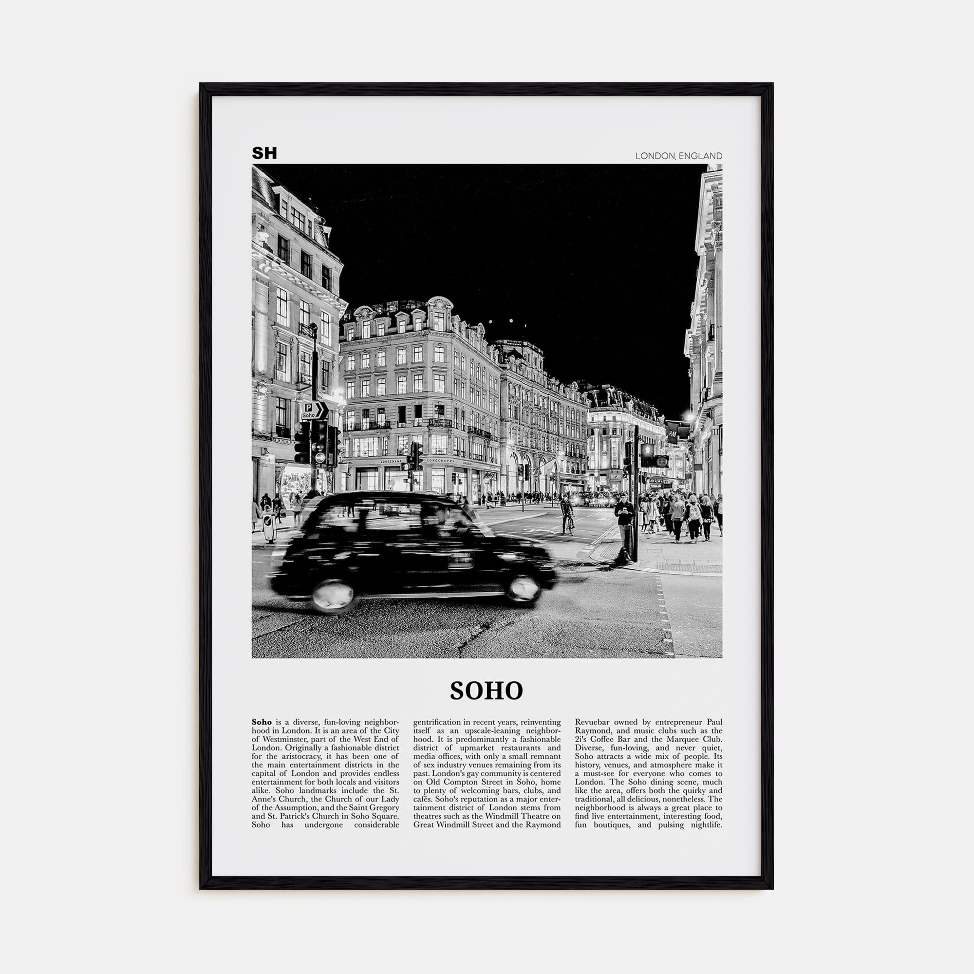 Soho, London No 1 Poster Black Wood / 8x12 in Nbourhood Travel B&W Poster