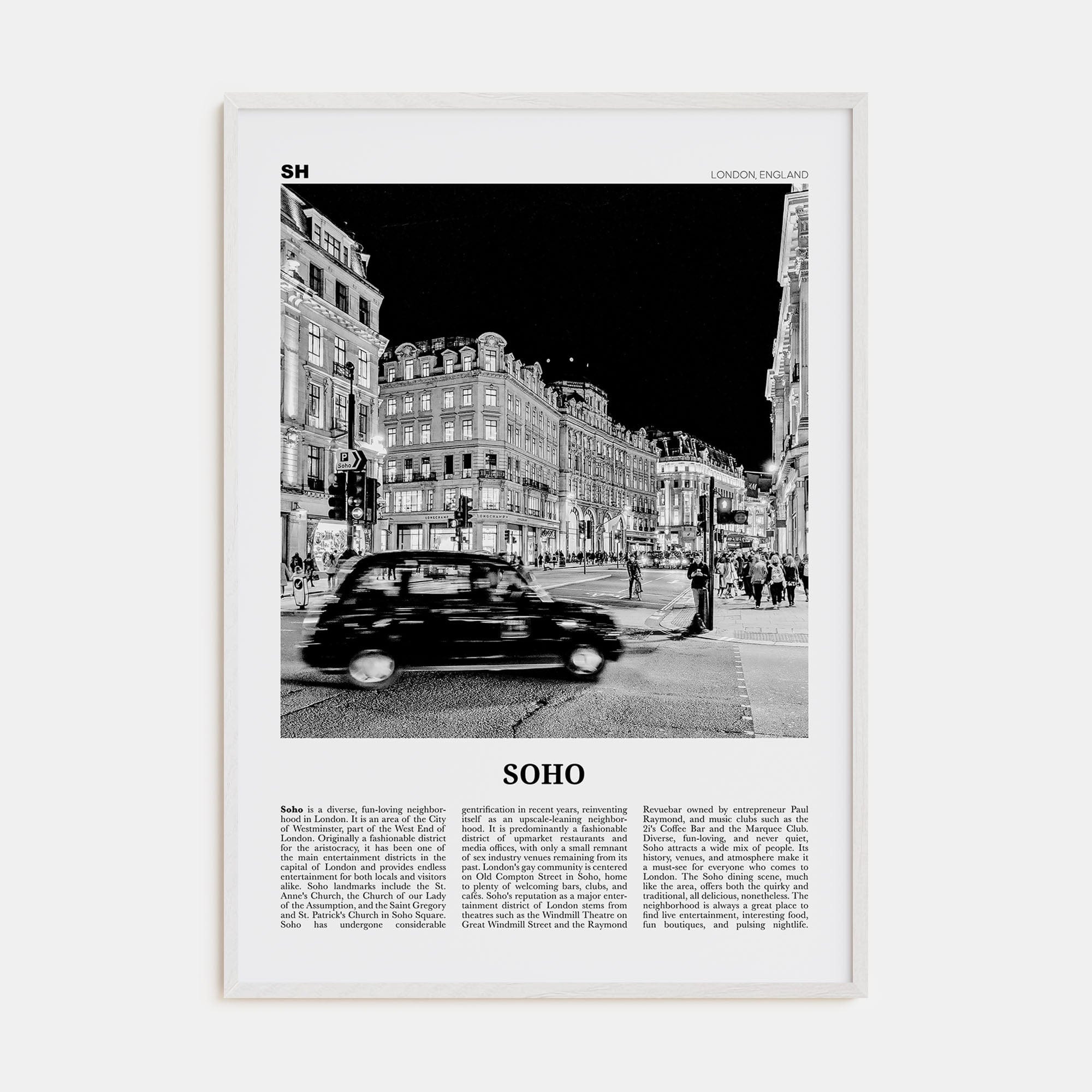 Soho, London No 1 Poster White Wood / 8x12 in Nbourhood Travel B&W Poster