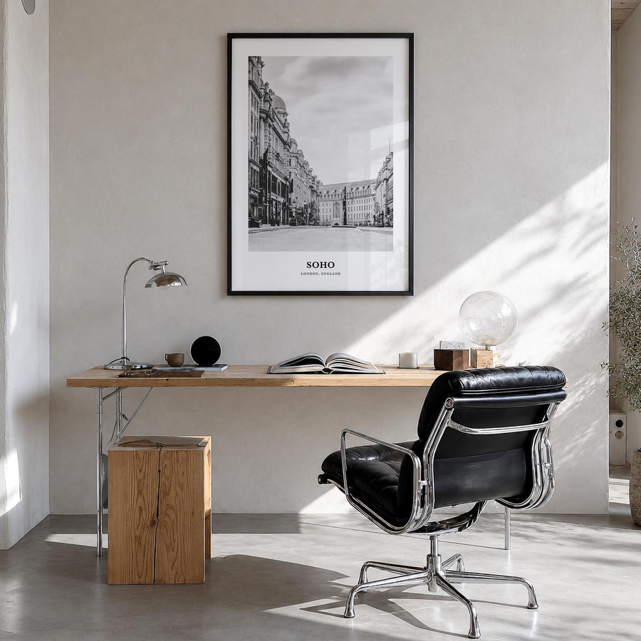 Soho no. 2 black & white classic poster of England, UK – vertical wall art in black wood frame, hanging on wall