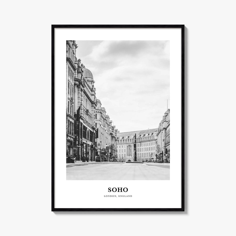 Soho no. 2 black & white classic poster of England, UK – vertical wall art, unframed print shown in interior mockup