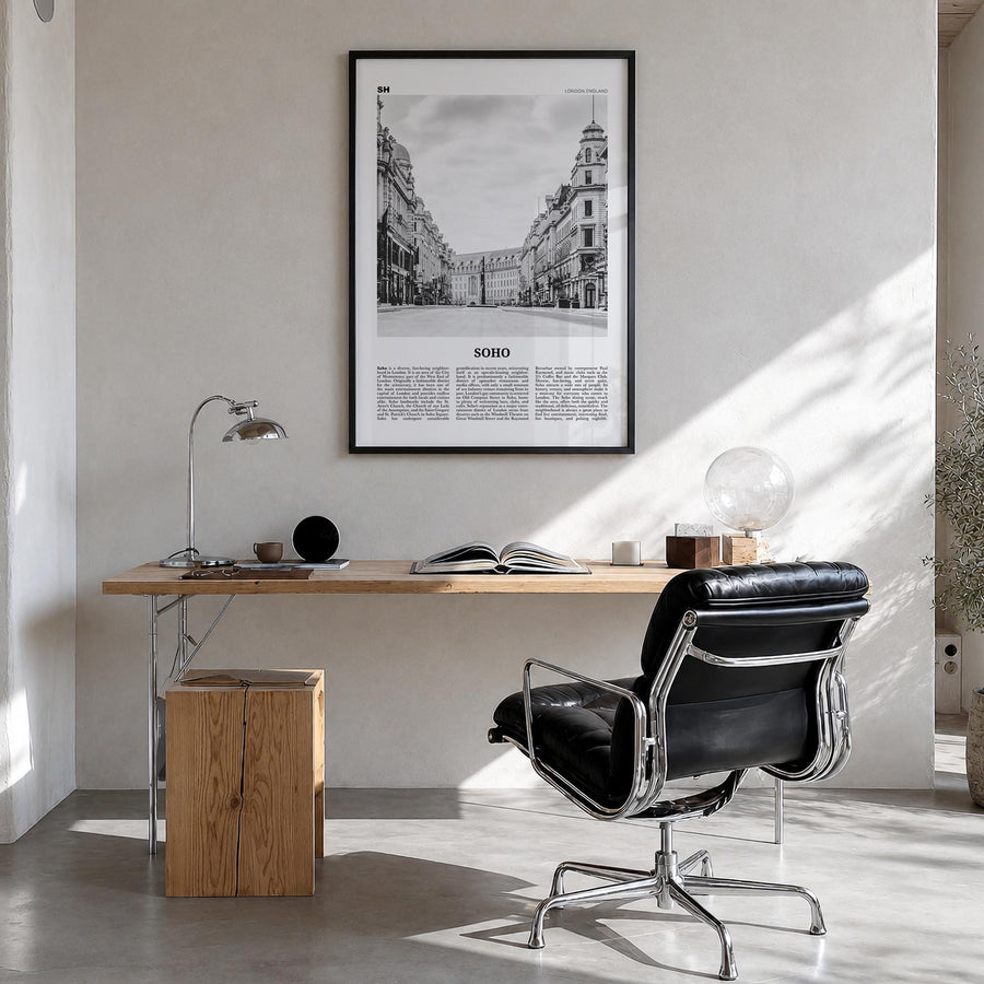 Soho no. 2 black & white newspaper poster of England, UK – vertical wall art in black wood frame, hanging on wall