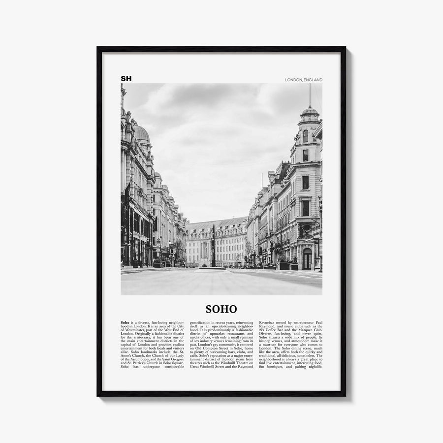 Soho no. 2 black & white newspaper poster of England, UK – vertical wall art, unframed print shown in interior mockup