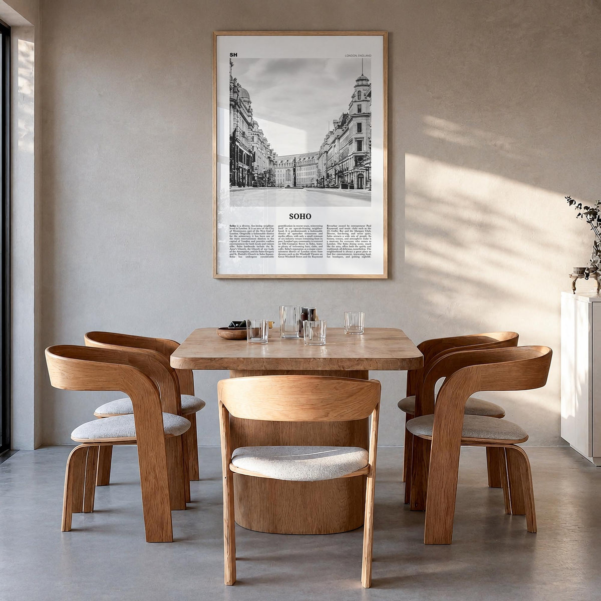 Soho no. 2 black & white newspaper poster of England, UK – vertical wall art in natural wood frame, hanging on wall