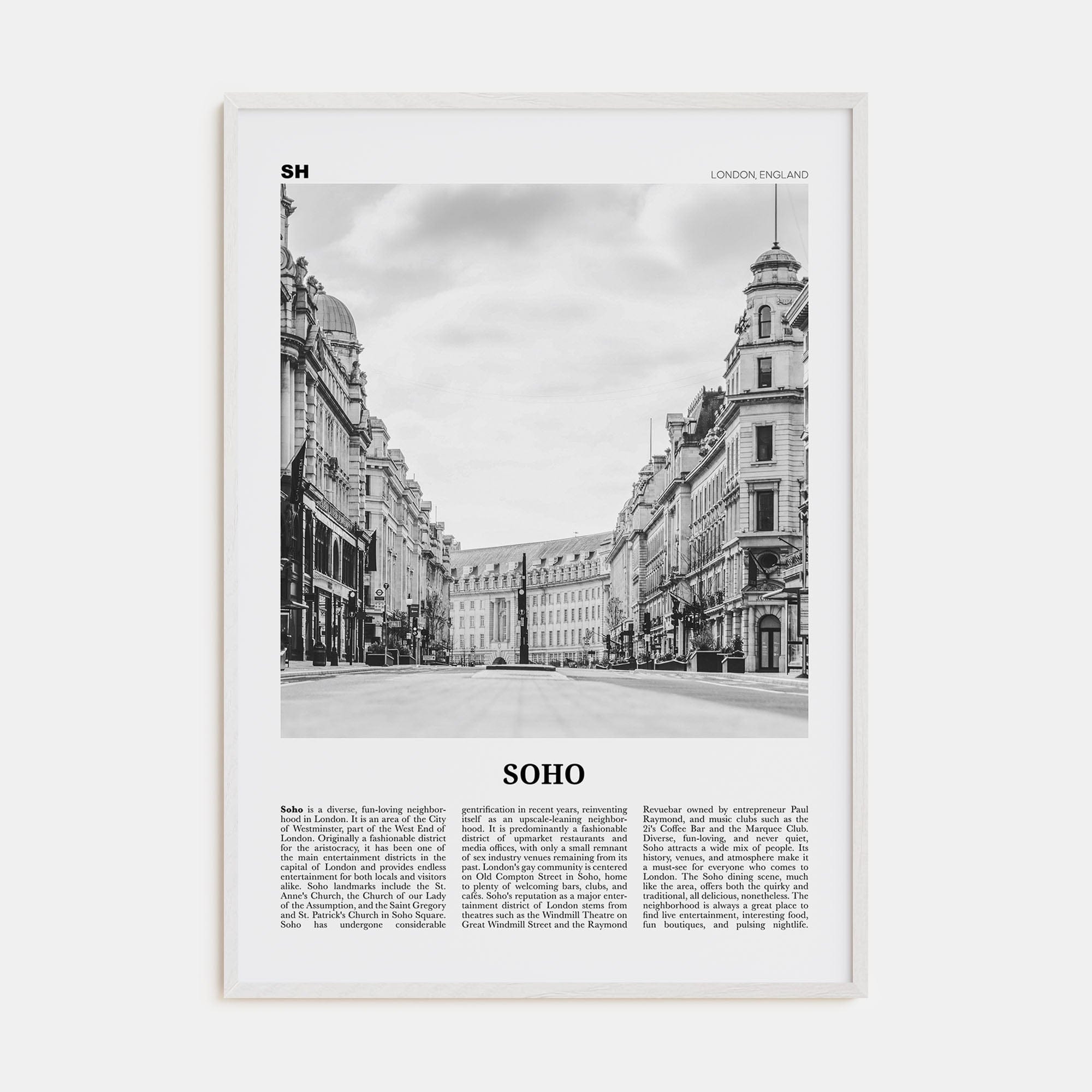 Soho, London No 2 Poster White Wood / 8x12 in Nbourhood Travel B&W Poster