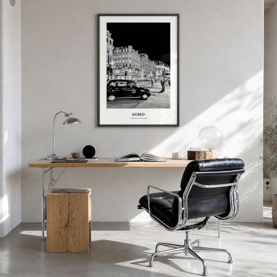 Soho, London Classic No 1 Poster in a black wood frame, hanging in a bright home office