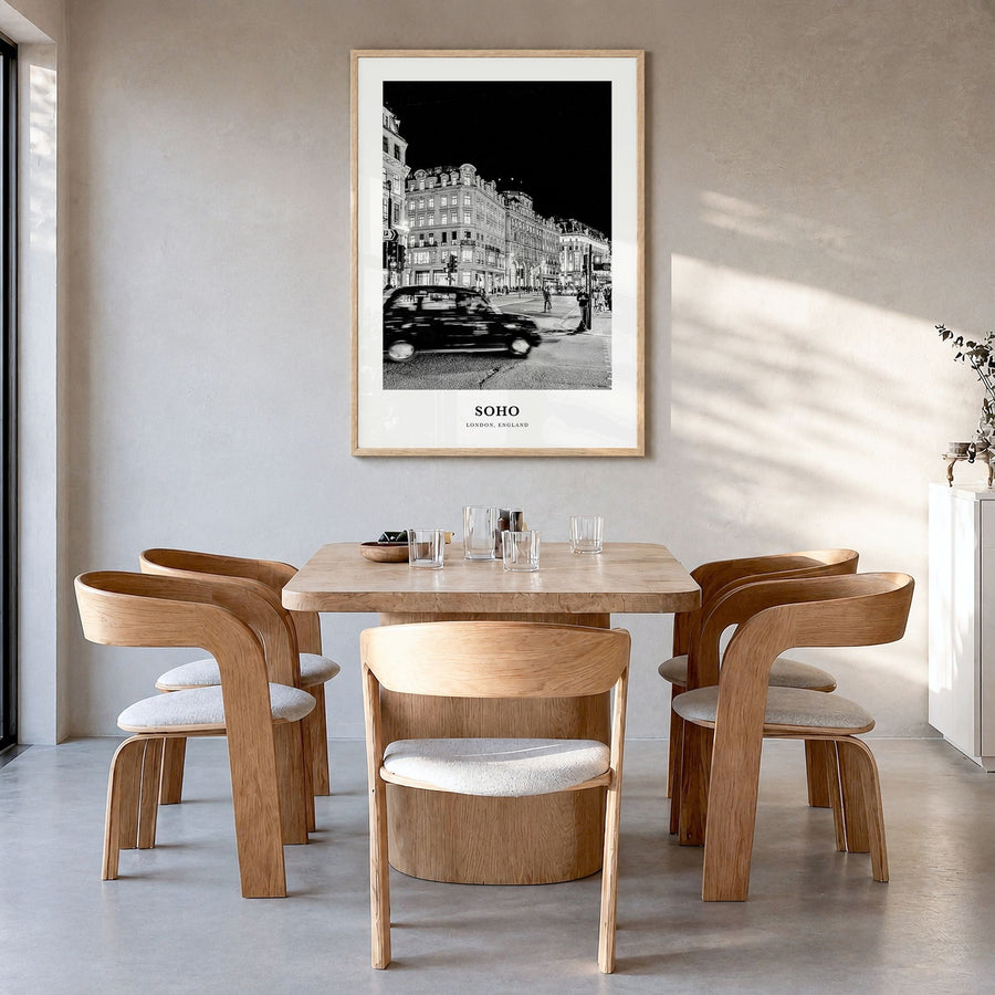 Soho, London Classic No 1 Poster in a natural wood frame, hanging in a dining room
