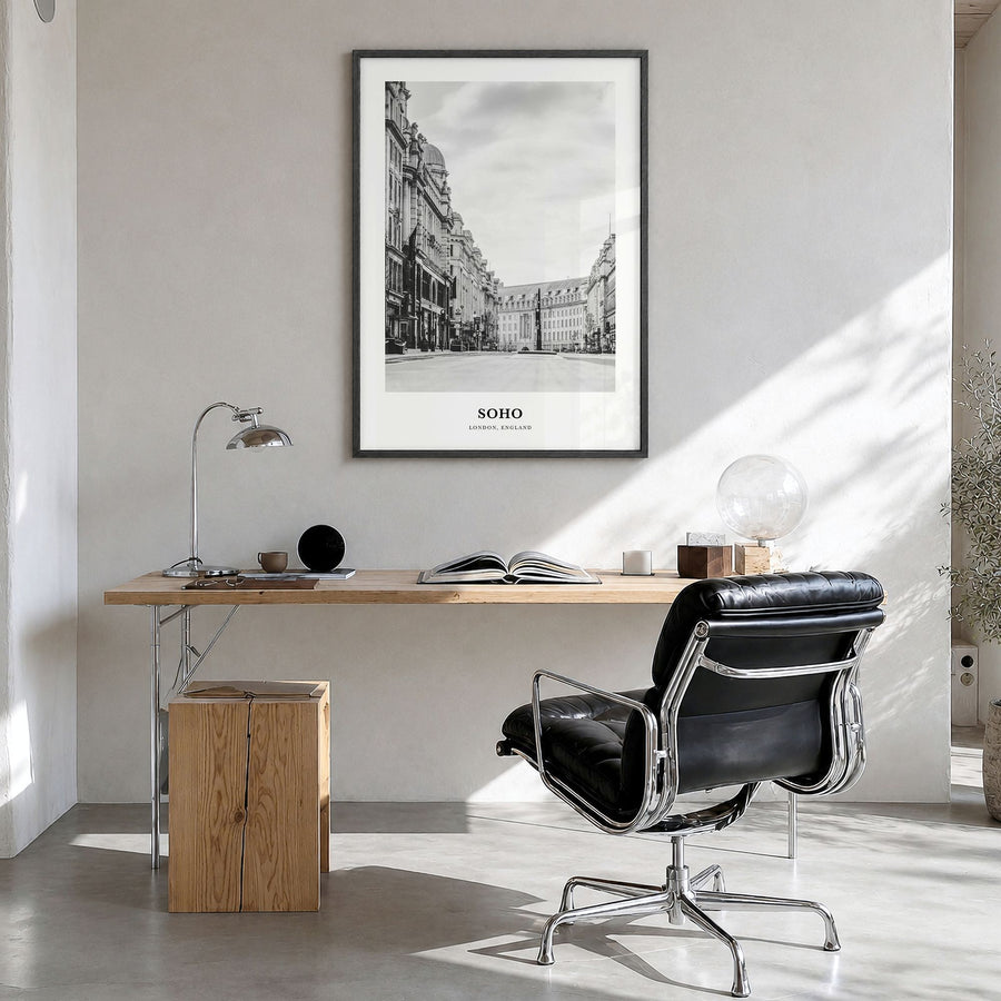 Soho, London Classic No 2 Poster in a black wood frame, hanging in a bright home office