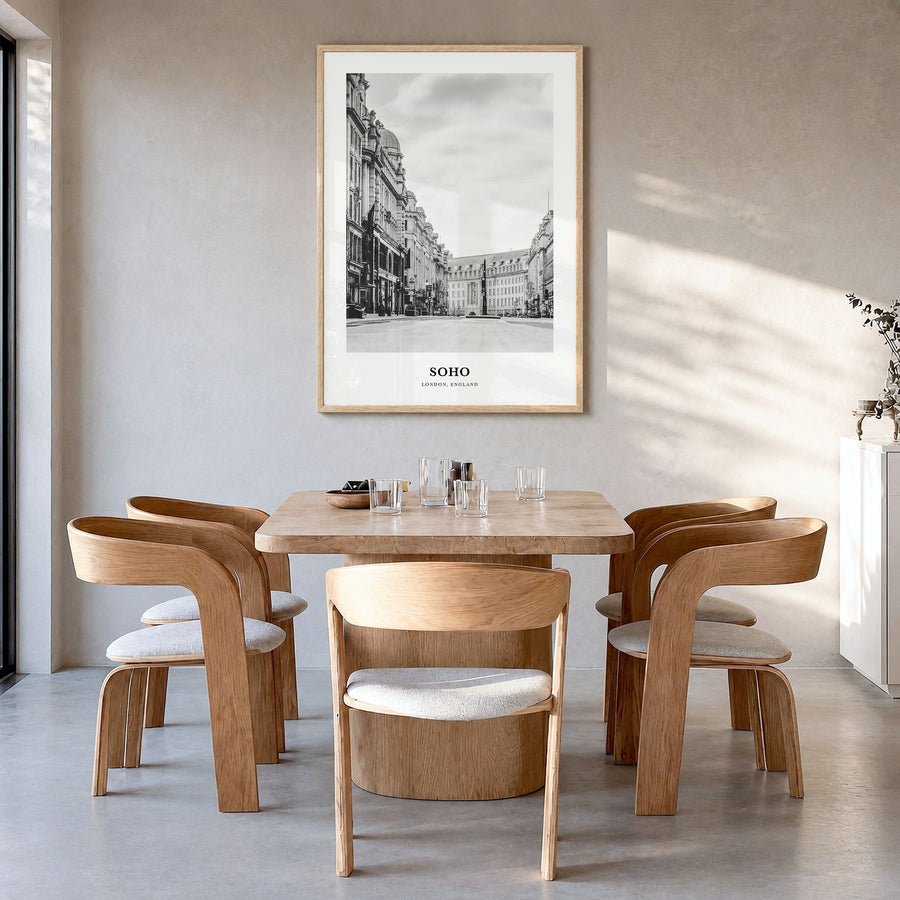 Soho, London Classic No 2 Poster in a natural wood frame, hanging in a dining room