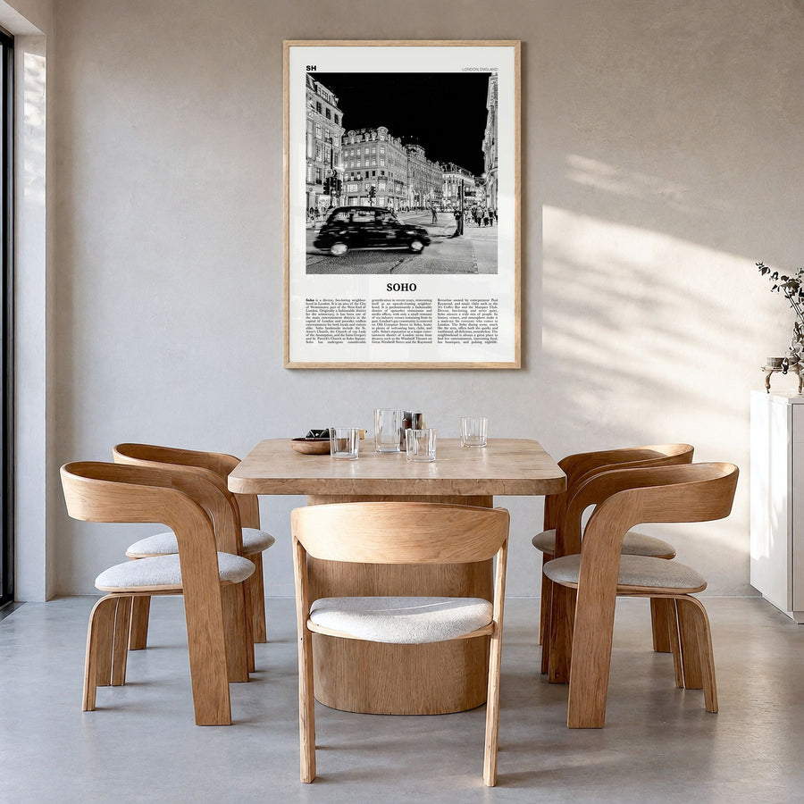 Soho, London Newspaper No 1 Poster in a natural wood frame, hanging in a dining room